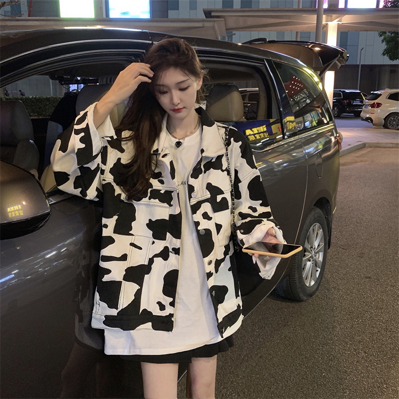 Hong Kong Style Cow Print Denim Jacket for Women, New Spring and Autumn Style, High School Student Tie-Dye Graffiti Workwear Fashion Jacket Top