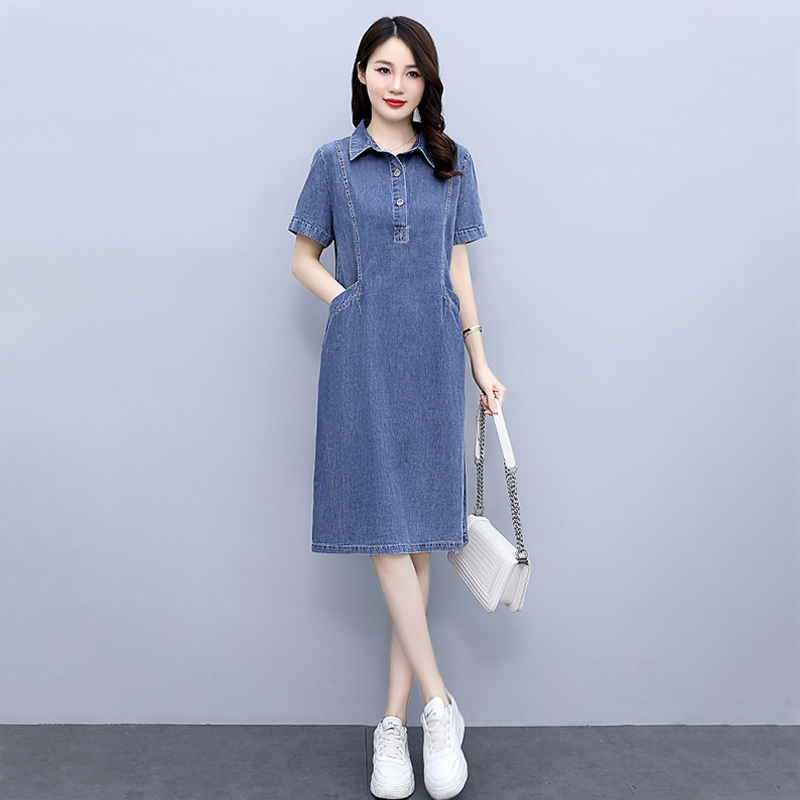 Tencel Thin Short-Sleeved Denim Dress for Women, Mid-Length, Summer, Plus Size, Elegant, Straight Shirt Dress for Moms Tencel Thin Short-Sleeved Denim Dress for Women, Mid-Length, Summer, Plus Size, Elegant, Straight Shirt Dress for Moms