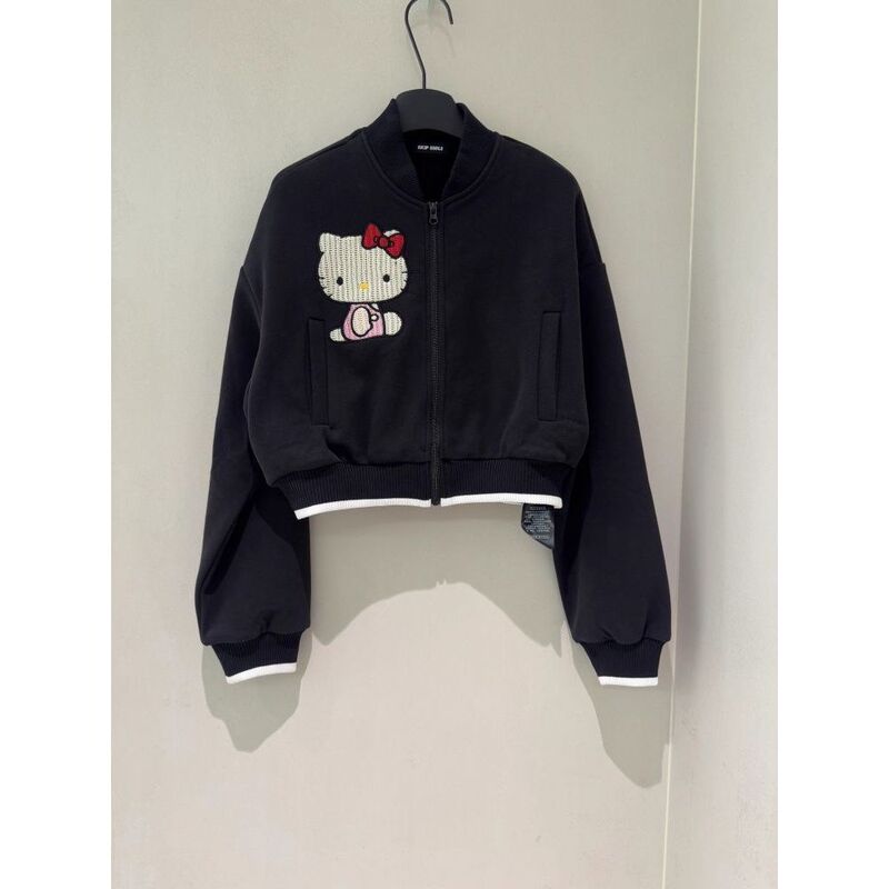 Sweet and Cute Kitty Cat Embroidered Stand-Up Collar Sweatshirt Jacket for Women, Fleece-Lined and Thickened, Versatile Baseball Jacket for Petite Sizes