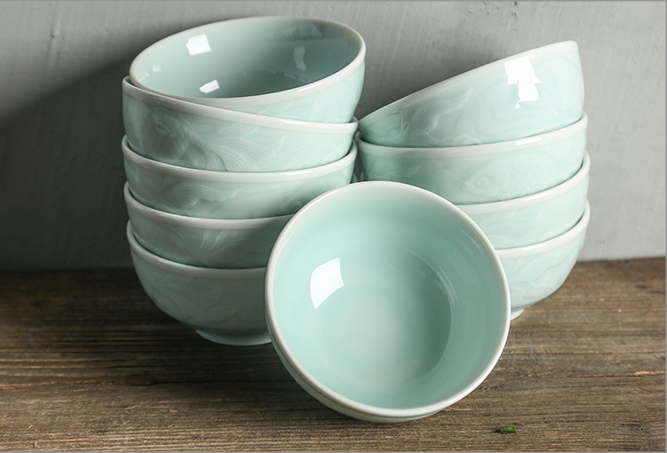 Longquan celadon fish grain ceramic bowl bowl home 4.5 inch dormitory rice bowls tableware 10 sets