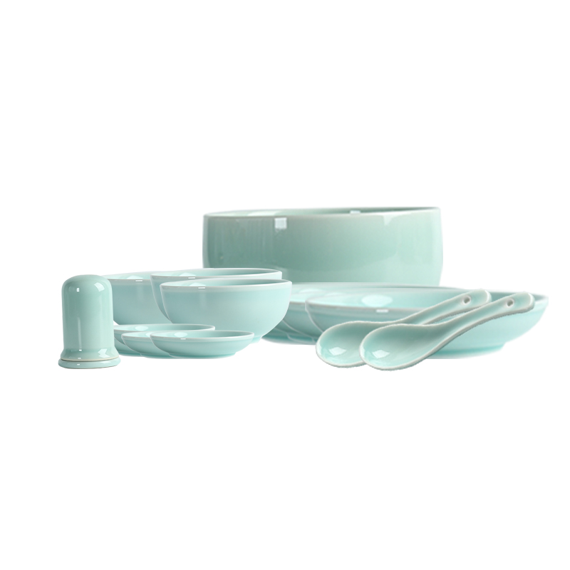 Longquan celadon tableware suit contracted element face porcelain bowl dish vinegar disc ceramic 4/6/8 spoonful of soup bowl feeder