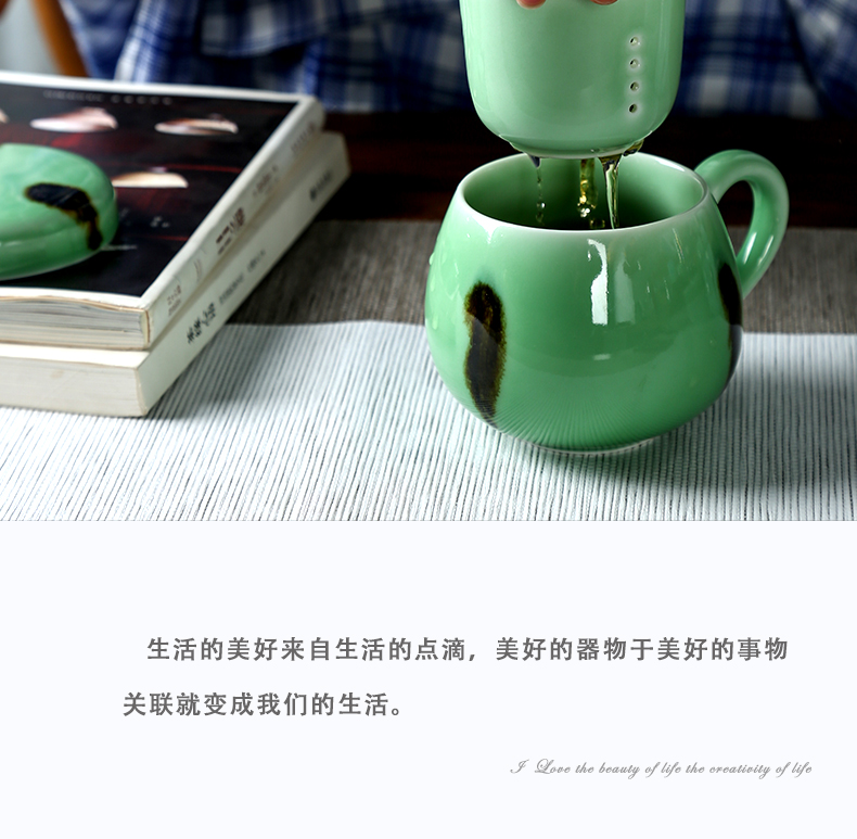 Longquan celadon teacup household of Chinese style office filter glass ceramic tea keller with cover stippling doodle cup