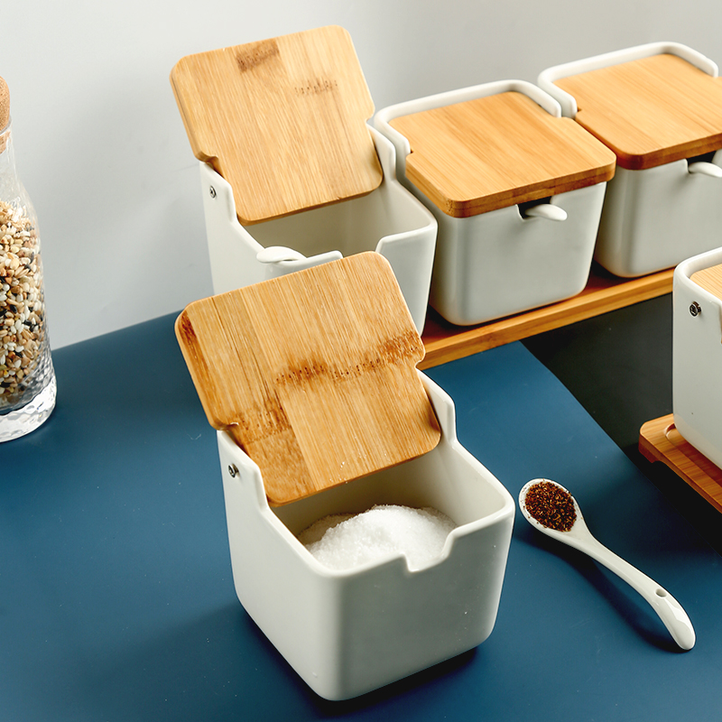 Japanese creative ceramic sugar, monosodium glutamate seasoning jar of kitchen salt bamboo cover condiment box of household Nordic tableware in combined packages