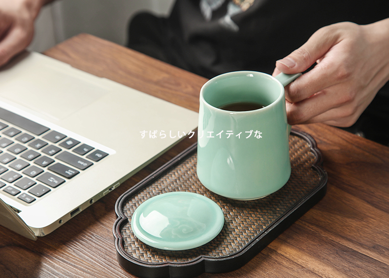 Longquan celadon cup home tea cup creative xiangyun cup with cover glass ceramic keller cup gift tea set