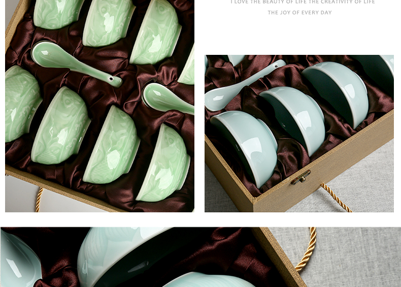 Longquan celadon bowl spoon, gift boxes home 10 bowl spoon combination tableware ceramic bowl spoon housewarming gift set to use