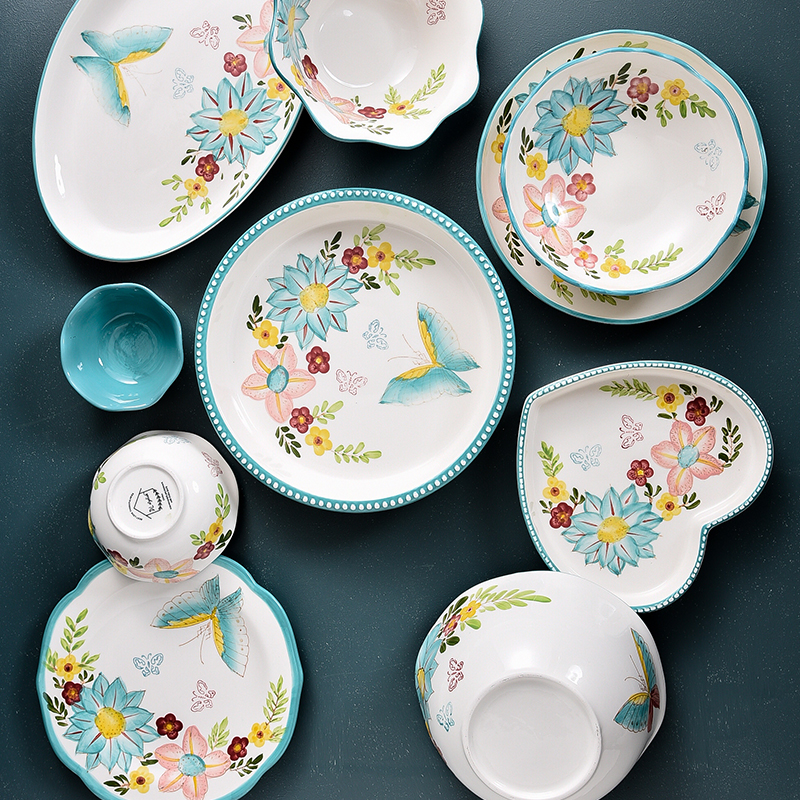 Blue butterfly dishes suit household northern wind small pure and fresh and contracted ceramic eat rice bowl dish chopsticks tableware suit