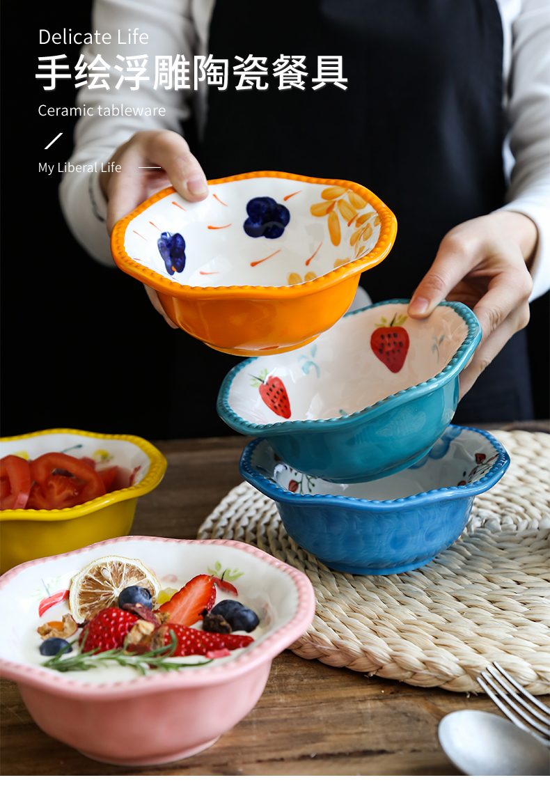 Northern wind ins hand - made lace ceramic bowl bowl noodles in soup bowl of microwave oven with lovely fruit salad bowl