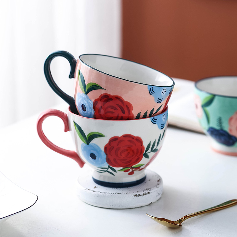 Four seasons flower hand - made ceramic keller cup of milk breakfast cup of household pot - bellied capacity of oatmeal bowls