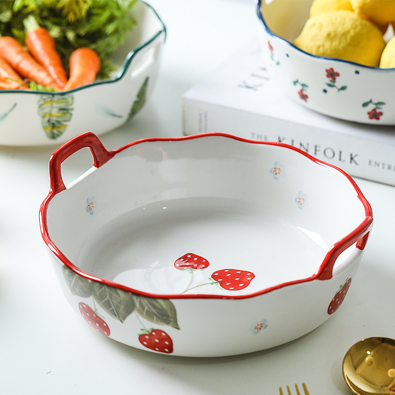 Northern wind ceramic pan baked FanPan oven available round strawberry ears set home baked baked dishes