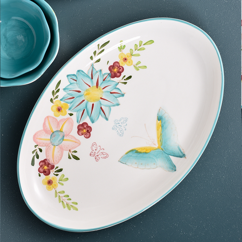 Blue butterfly dishes suit household northern wind small pure and fresh and contracted ceramic eat rice bowl dish chopsticks tableware suit