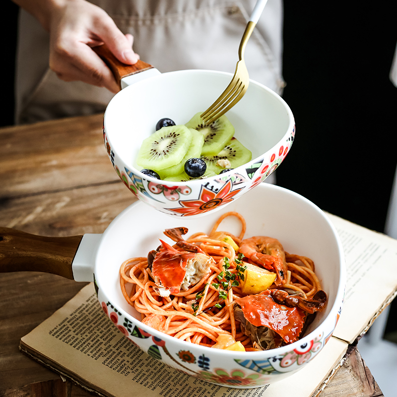 Nordic recent glaze with handle ceramic western - style food bowl of spaghetti bowl dessert bowl household creative fruit bowl