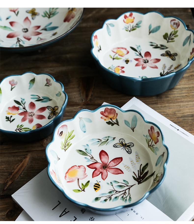 Northern wind Japanese creative household ceramic bowl dish hand - made vintage lace bowl bowl dessert fruit bowl compote
