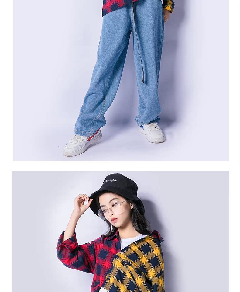 Cô gái hip hop xu hướng đường phố trang phục khiêu vũ phù hợp với cậu bé lớn nhảy jazz biểu diễn quần áo kẻ sọc quần jeans - Trang phục bộ đồ khiêu vũ cho bé trai