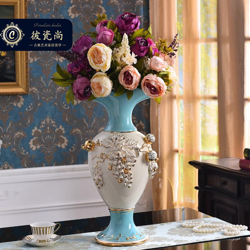 New Chinese ceramic floor vase swinging piece living room big number flower insertion upscale lavish American dry flower insert decoration