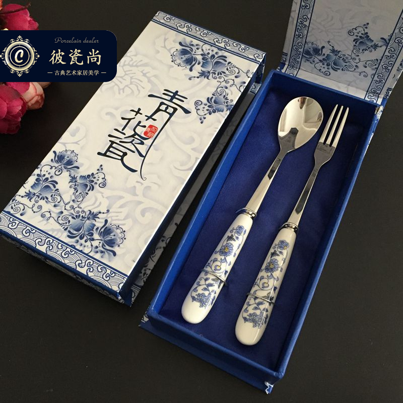 Chinese Blue Flower Porcelain Fruit Fork Spoon Suit Ceramic Handle Gift Dress