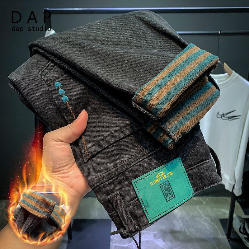 2022 winter black velvet jeans men's Korean version trend thickening slim cigarette pants simple and versatile long pants