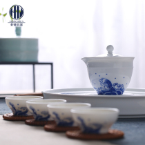 Hong Kiln hand-painted blue and white sea water pattern Kung Fu tea set Jingdezhen gift box packaging a pot of four cups with tea sea