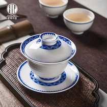 Hongyao Jingdezhen Hand-painted blue and white wave pattern tea set Nine-piece set of Kung Fu tea set tea cup cover bowl gift box ceramics