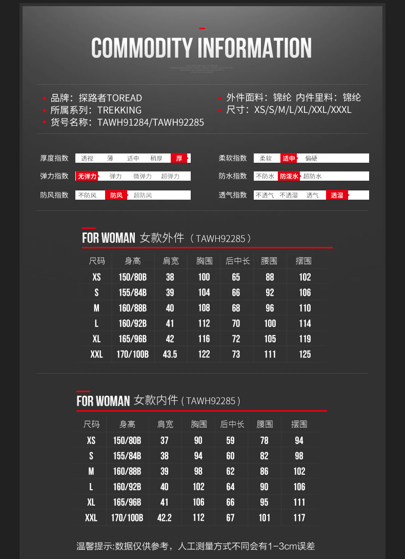 探路者 男女款防风防水 三合一冲锋衣 尼龙塔丝隆面料 图13
