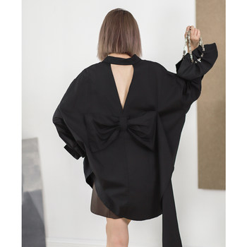 Feldan Dark Style Sweet and Cool Long-Sleeved Shirt with Hollow Back and Large Bow, Dress-Style Long Shirt 3013