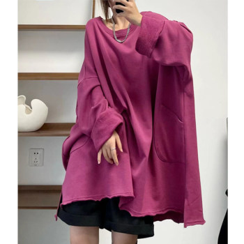 Filidan Lazy Hong Kong Style Sweatshirt Oversized Small Loop Cotton Big Pocket Open Hem Solid Color Sweatshirt Autumn Winter 583