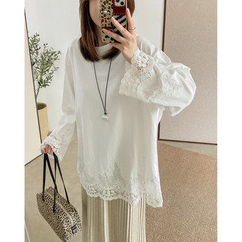 Filidan's Intricate Craftsmanship, Carved Cotton Thread Embroidery, Hollow Design, Exquisite Loose Long-Sleeved White T-Shirt 7901