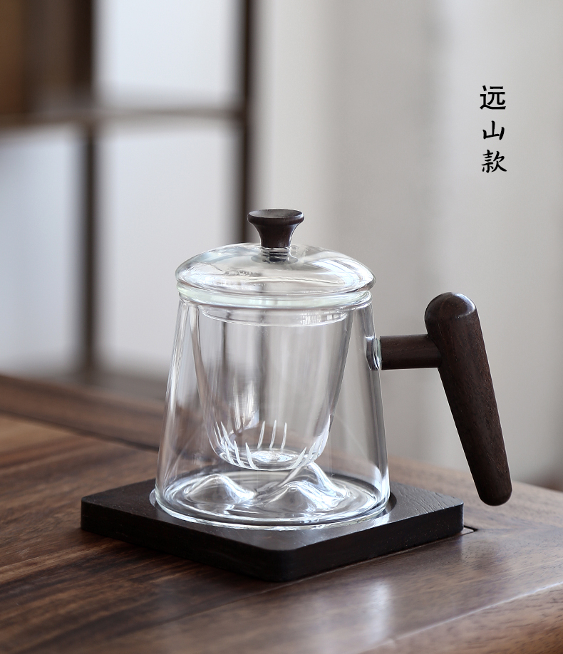 By mud glass office of large capacity hot water cup home tea cup with wooden handle, filter mark cup with cover