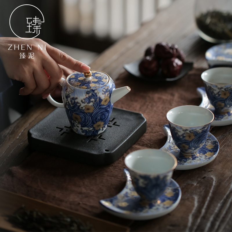 By mud jingdezhen colored enamel kung fu tea set suit household manual set of famille rose porcelain teapot teacup tureen