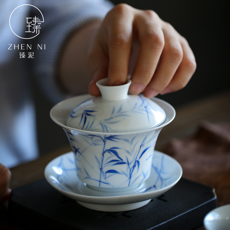By mud hand - made tureen jingdezhen manual them thin body worship to use kung fu tea set three bowl of household make tea