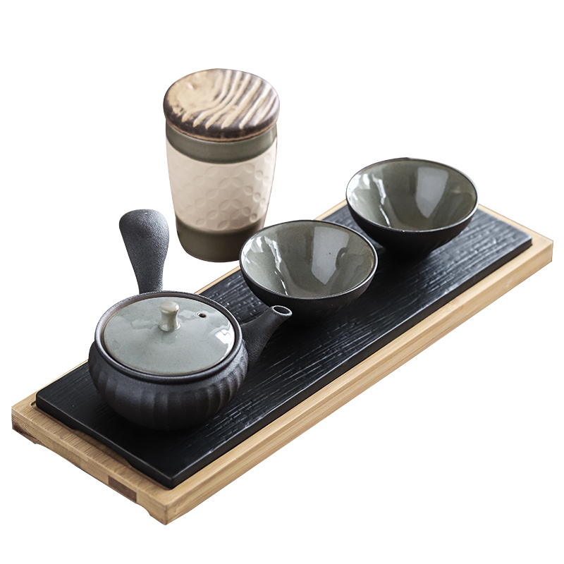 By Japanese kung fu tea set contracted household whole mud black pottery teapot teacup office dry tea tray sets a gift