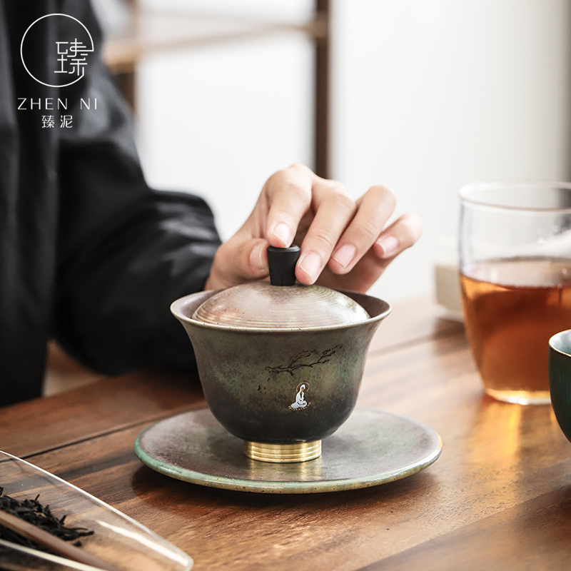 By mud home tea tureen manual variable only three Japanese kung fu ceramic bowl heat - resistant worship to dazzle see colour copper bowl