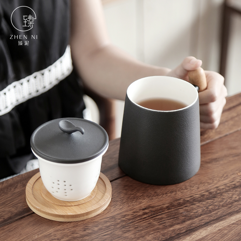 By mark cup large capacity of black mud office cup home to ultimately responds a cup of tea cup with wooden handle By hand with cover filter cup