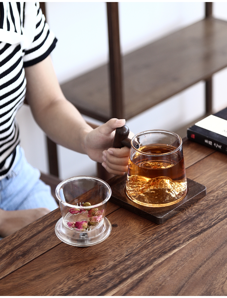 By mud glass office of large capacity hot water cup home tea cup with wooden handle, filter mark cup with cover