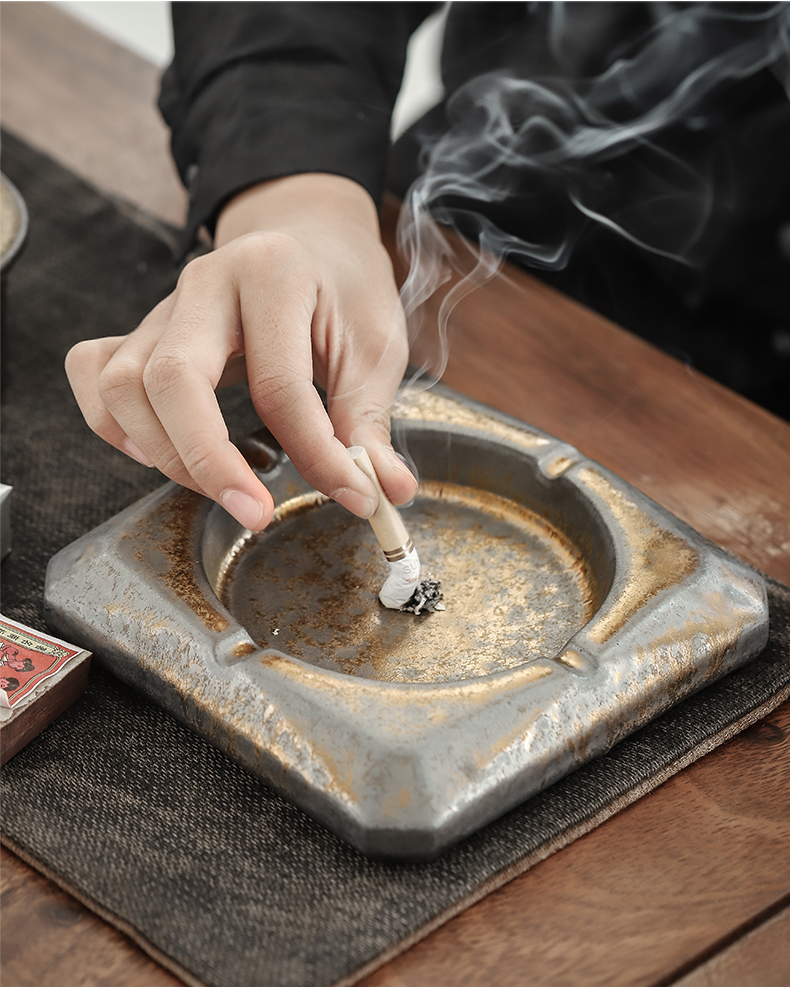 "Gold ceramic mud ashtray creative home sitting room retro move ashtray coarse pottery office furnishing articles by hand