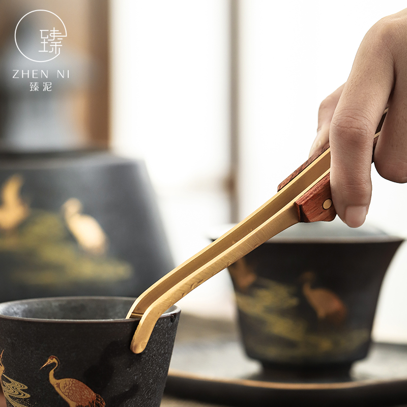 By pure copper ChaGa mud thickening paulownia tweezers kung fu tea tea set clip accessories household antiskid tea wash cup