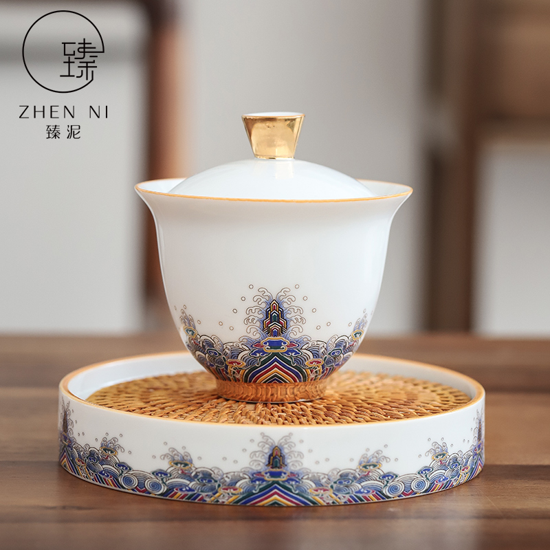 Zhen Mud enamel color gold silk cover bowl Hand-painted gold white porcelain three-color bowl Household Kung Fu tea with tea-making device Tea-making bowl
