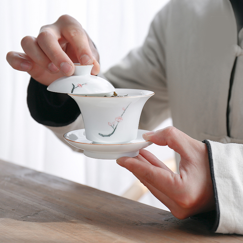 By mud hand - made tureen jingdezhen only thin foetus kung fu tea bowl white porcelain three bowl of checking ceramic bowl