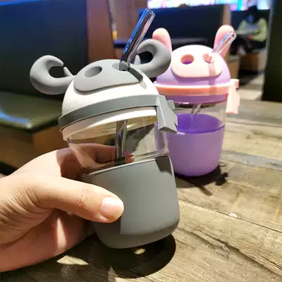 With straw water cup simple fresh forest glass adult cute girl portable cup creative personality trend