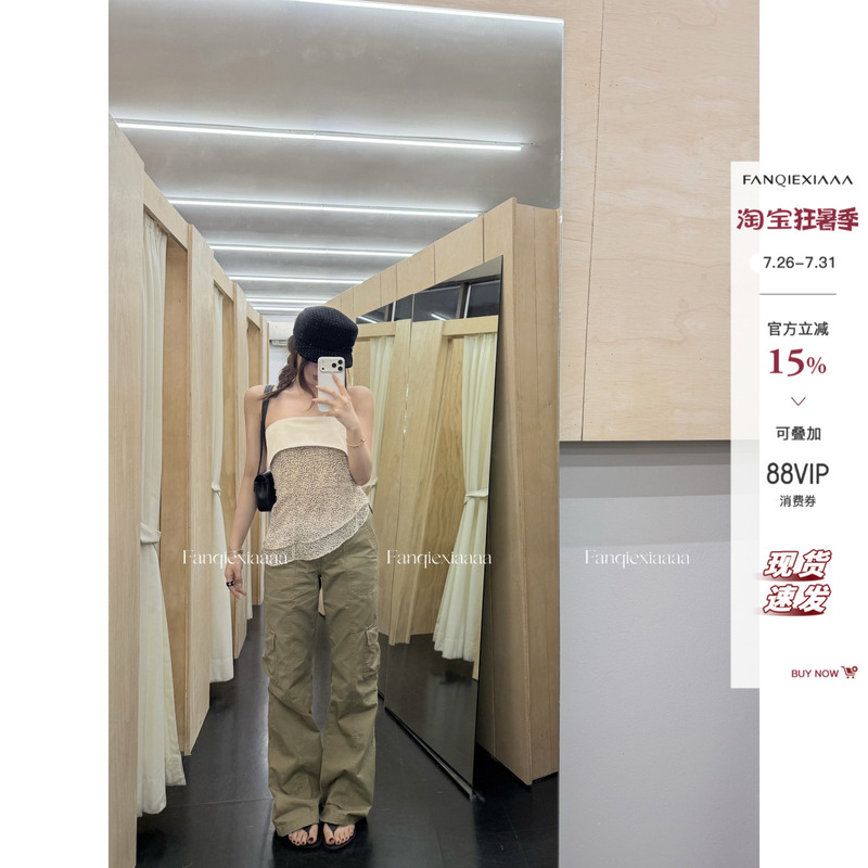 [in Stock] Tomato Man 100% Cotton Washed Faded Large Pocket Cargo Pants Women's Vintage Distressed Twill Straight Pants