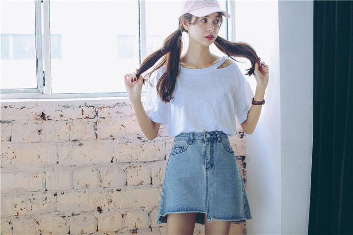 VK旗艦店 韓版純色簡約露肩百搭時尚短袖上衣