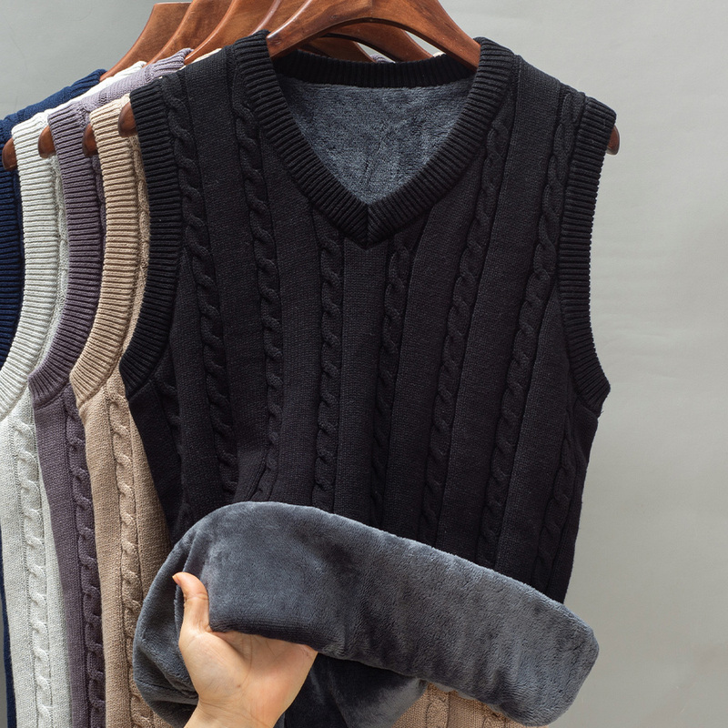 Men's Sweater Vest for Autumn and Winter, Fleece-Lined, Thickened, Warm, Sleeveless Vest, V-Neck, Suitable for Layering