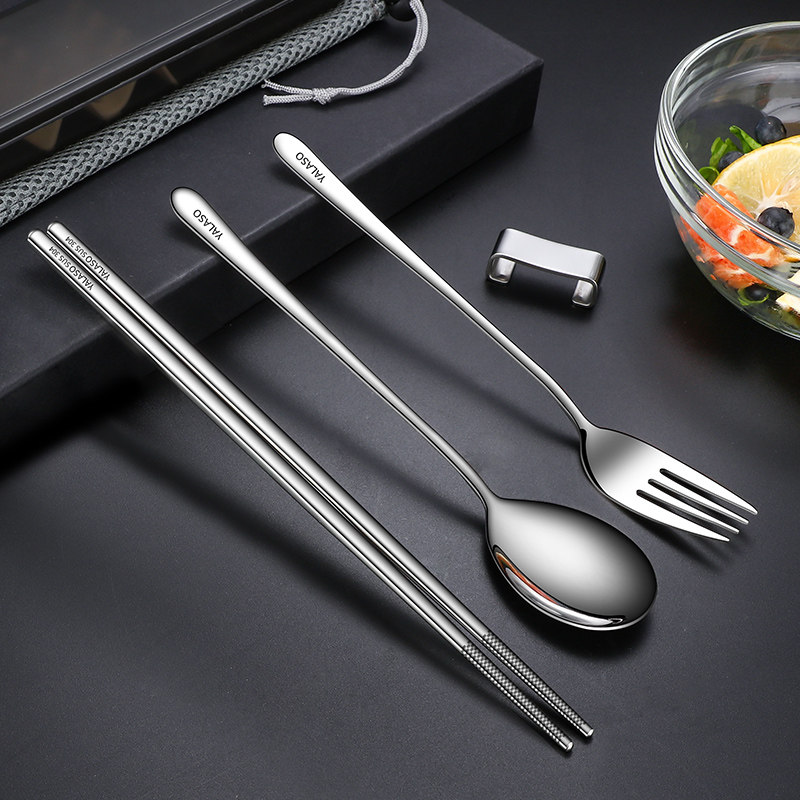 Chopsticks spoon set 304 stainless steel fork tableware three-piece set student portable chopsticks fork spoon storage box