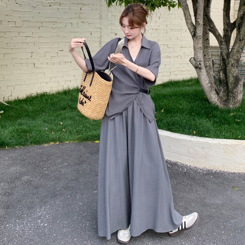Light Gray Lapel Collar Waist-Cinching Short-Sleeve Shirt and Wide-Leg Pants Set for Women, 2026 Summer New Korean Style Loose Two-Piece Set