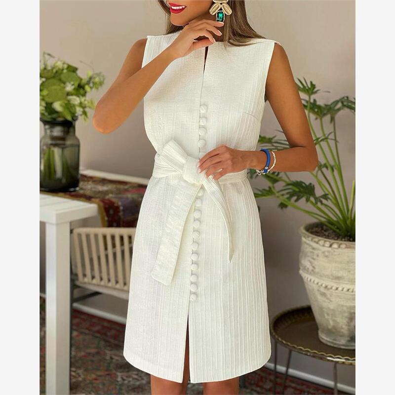 White Three-Dimensional Textured Sleeveless Fitted Dress - with Belt Sleeveless Buttoned Slit Dress White Three-Dimensional Textured Sleeveless Fitted Dress - with Belt Sleeveless Buttoned Slit Dress
