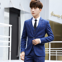 Mens casual suit suit suit slim Korean Plaid small suit three-piece business dress groom wedding dress