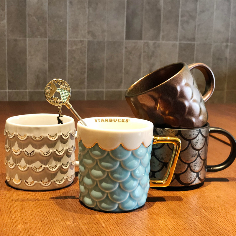 Starbucks 2019 Anniversary Qing Retro Marine Fish Scale Reliefs with Ceramic Mark Cup Stirring Stick