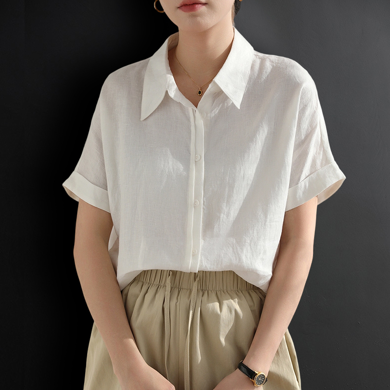 2026 Lapel Linen Double Placket Short-Sleeved Shirt for Women, Summer Lightweight Loose Casual Stylish Workwear Shirt