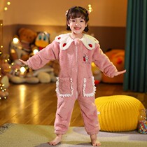 Childrens conjoined pajamas baby autumn and winter plus velvet padded flannel home clothing coral velvet climbing clothes baby sleeping bag