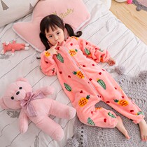 Autumn and winter mens and womens baby conjoined pajamas flannel double thick coral velvet childrens home clothes baby bag