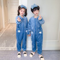Childrens pajamas boys flannel autumn and winter conjoined coral fleece thin boys and girls baby cartoon home clothes